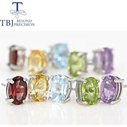 Tbj ,Simple gemstone earring oval 5*7mm 1.4ct natural citrine topaz peridot amethyst garnet 925 sterling silver fine jewelry