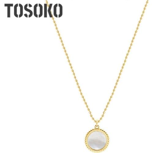 TOSOKO Stainless Steel Jewelry Fairy Mirror White Sea Shell Pendant Necklace Womens Simple Clavicle Chain BSP814