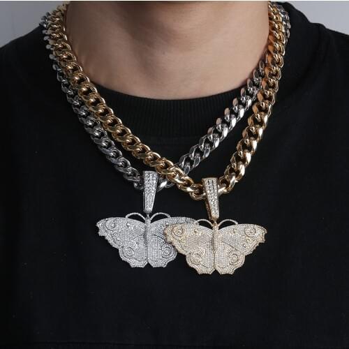 Hip Hop Micro Paved AAA Cubic Zirconia Bling Ice Out Animal Butterfly Pendants Necklaces for Men Rapper Jewelry Drop Shipping