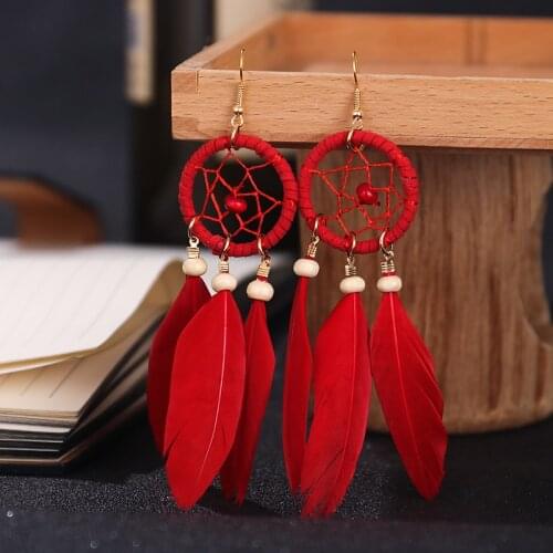 2020 Bohemian Red Dream Catcher Leaf Feather Ladies Earrings Women Summer Indian Jewelry Natural Wood Drop Dangle Earrings