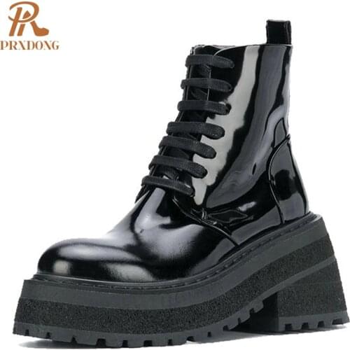 2021 Winter Patent Leather Black Martin Boots Ladies High Heels Thick Platform Lace Up Ankle Boots Punk Motorcycle Women Shoes