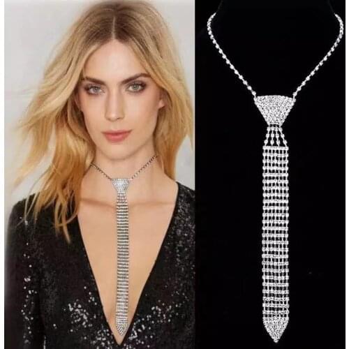 Fashion womens elegant necktie Necklace shining Rhinestone Long Necklace bead chain womens Wedding Jewelry Necklace Jewelry