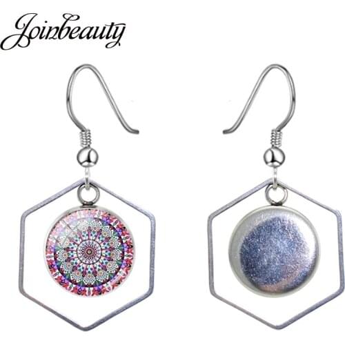 JOINBEAUTY Mandala Geometry Picture Polygon Earrings Handmade Glass Pendant Trendy Dangle Earrings For Charm Women Jewelry HN571