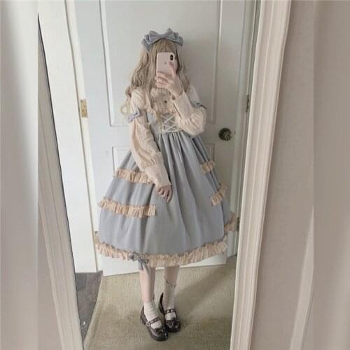 Puff Doll Sweet Womens Lolita OP Dress Dress Lantern Sleeve Lace Bows Trim Cute One Piece Elegant Dress 3 Colors