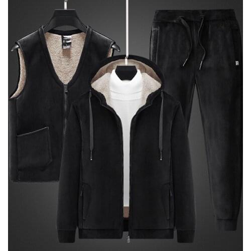 Winter silver fox velvet three-piece large size plus velvet sweater suit mens thick warm lamb velvet jacket mens sportswear