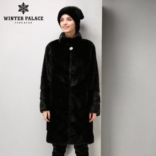 Fashion long leather mink fur coat Medium Slim fur coat Black Genuine Leather fur coats for women Classic style WINTER PALACE