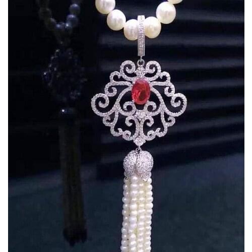 Free shipping 8-9mm White Pearl micro inlay zircon CZ Necklace Pendant 925 silver jewelry