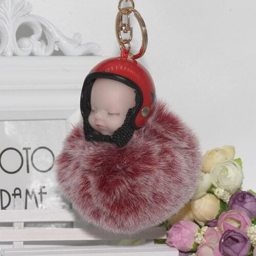 Faux Rabbit Fur Ball Helmet Doll Keychain PomPom Fluffy Key Ring Women Holder Charm Bag Purse Car Key Chains Jewelry EH871