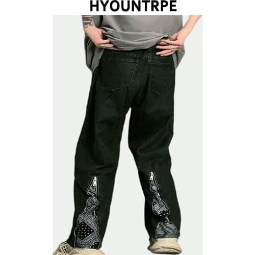 Fashion Back Zipper Patchwork Denim Jean Pants Men Casual Streetwear Zipper Loose Straight Pants Trousers Harajuku Jeans Pant