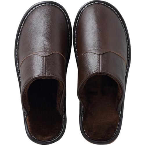 Leather Home Slippers for Men Winter Warm Plush Slippers Bedroom Genuine Leather Unisex Men/women House Indoor Shoes