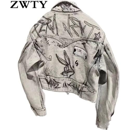 ZWTY 2021 Spring Autumn New Women Grey Gaffiti Denim Jacket Original Hand-Painted Rabbit Jean Jackets and Coats Streetwear