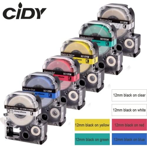 CIDY 6pcs 12MM ST12KW SS12KW SC12GW SC12YW SC12BW SC12RW laminated tape for kingjim/epson label maker LW300 LW400 SR150 LW-600P