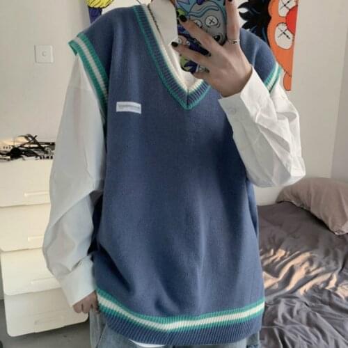 Sweater Vest Men V-neck Shrug Patchwork Knitted Couples Oversize Harajuku Vests Korean Style Leisure Streetwear Sweaters
