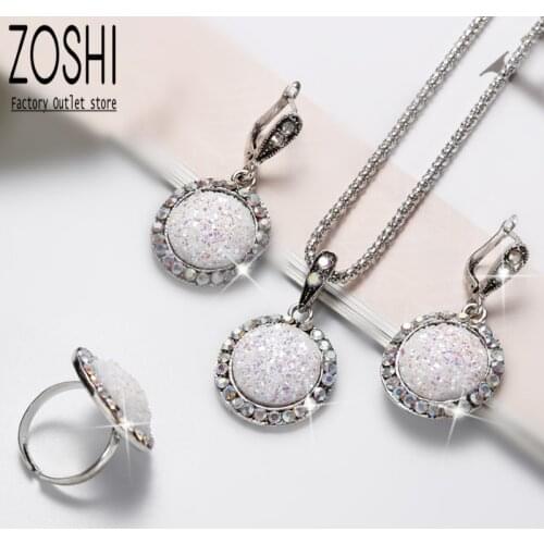 White AB Rhinestone Imitation Druzy Drusy Jewelry Set Women Round Pendant Necklace Resin Stone Drop Earrings Ring Antique Silver