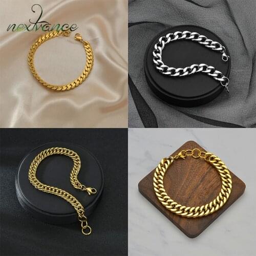 Nextvance Punk Men Chain Bracelet Gold Stainless Steel Curb Cuban Link Chain Bracelets Solid Chains Unisex Wrist Jewelry Gift