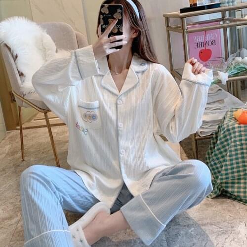 Korean version simple cartoon long sleeve pajamas womens open chest reverse collar loose large size home clothes two piece suit