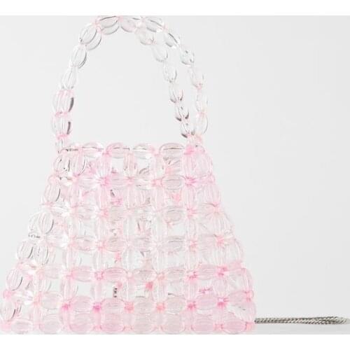 TOBO New Pink Clear Transparent Acrylic Beaded Pearl Bag Portable Crystal Bead Lady Summer Handbags Shoulder Crossbag for Women
