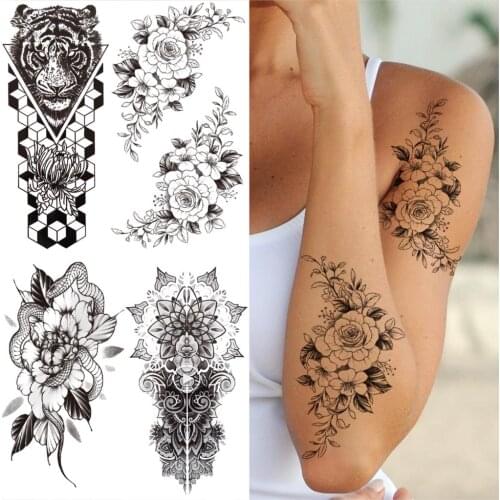 Sexy Rose Flower Temporary Tattoo For Women Men Tiger Mamba Snake Fake Tattoo Realistic Half Sleeve Thigh Tatoo Sticker Forearm