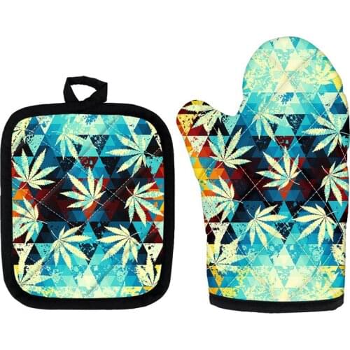 Jamaica Leaves Printing Heat Resistant Gloves 2021 Hot Sales Kitchen Accessories 2pcs/Sets Mitts and Mats BBQ Baking Oven Tools