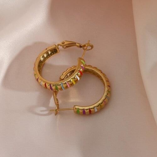 Trend Stainless Steel Gold plated Medium Size Colorful Stripe Hoop Earrings For Women Girls Party Jewelry Best Gifts Waterproof