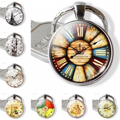 Vintage Clock Flower Romantic Paris Effiel Tower Keychain Glass Cabochon Jewelry Key Chain Pendants Best Friend Keyring Gift