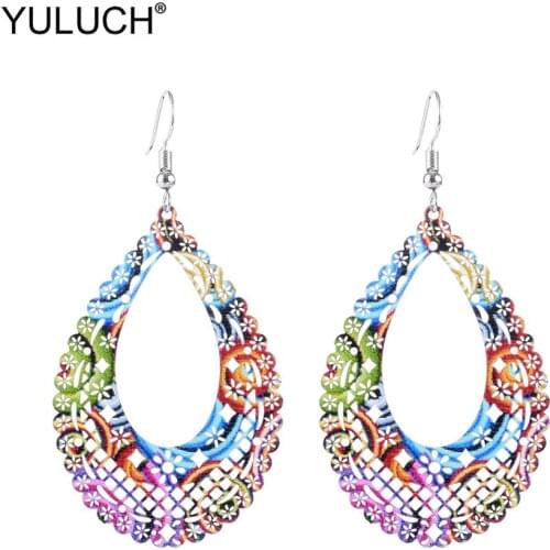 YULUCH Fashion Hollow Multi Metal Alloy Rainbow Water Drop Pendant Statement Earrings Ethnic Bohemian Boho Earrings For Woman