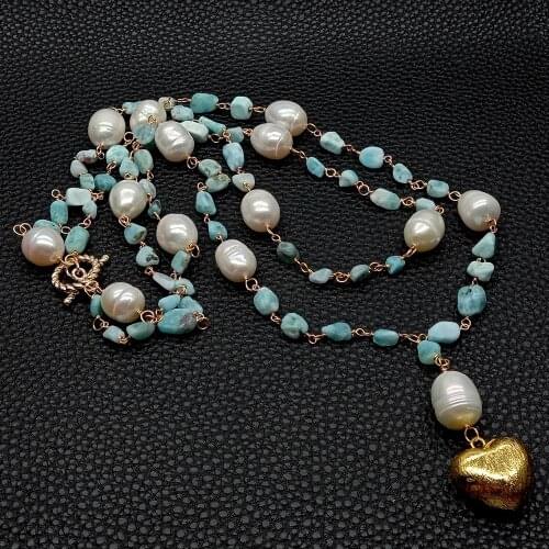 YYGEM Natural Blue Larimar Nugget White Rice freshwater Pearl statement Wrap Necklace Heart Brushed Gold Color Pendant 21"