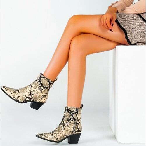Spring Autumn Cowboy Boots Women Snake pattern PU Leather High Heels Short Cowgirl Booties Chunky Heel Ankle botas Shoes Woman