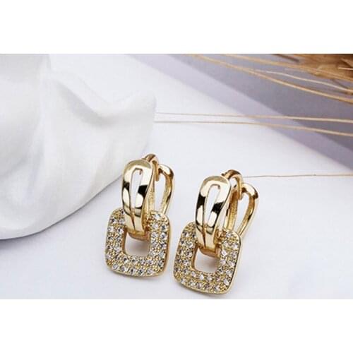 YPAY 100% Real 925 Sterling Silver Gold Plated Cluster Paved Zircon Square Huggie Hoop Earrings for Womens Jewelry YME236