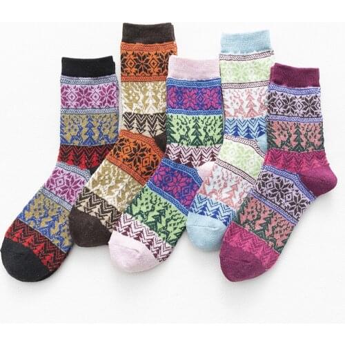 5 Pairs Autumn Winter Women Wool Socks Warmer Ethnic Style Cashmere Thermal Thicken Christmas Trees Women Socks Gifts