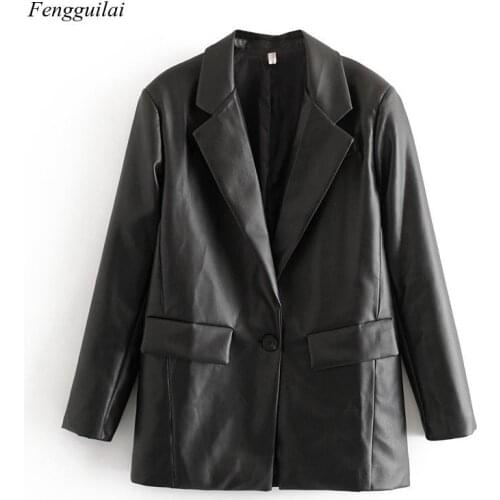Women 2021 Fashion Pu Faux Leather Loose Blazer Coat Vintage Pockets Long Sleeve Back Vents Female Outerwear Chic Tops