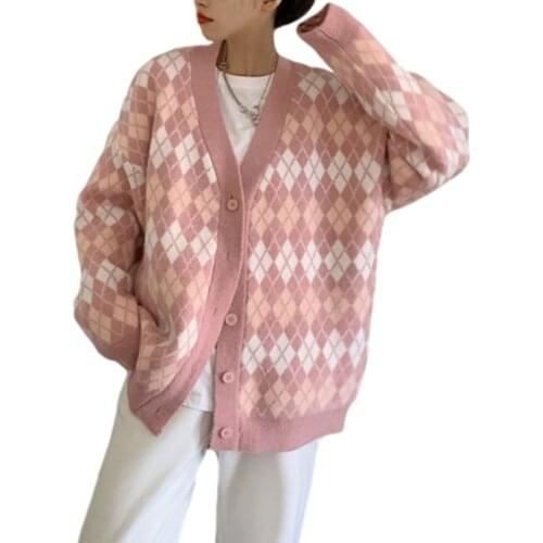 Women’s Button Down Knit Sweater, Long Sleeve V Neck Argyle Print Loose Cardigan Coat Spring Autumn