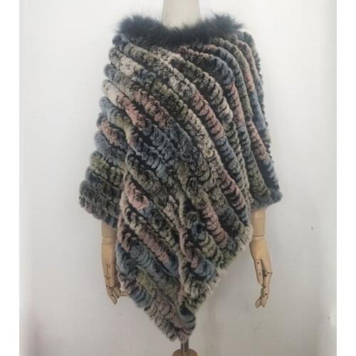 Women Knitted Loose Real Rex Rabbit Fur Poncho With Raccoon Fur Trimming Fashion Long Genuine Fur Cape Female Rabbit Fur Shawl