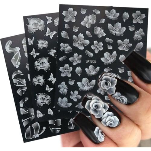 1 Sheet 5D White Nail Sticker Rose Feather Engraved Embosse Design Transfer Decals Slider Wraps DIY Nail Art Decoration