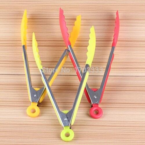 100pcs Useful Silicone Cooking Salad Serving BBQ Tongs Stainless Steel Handle Utensil 8" Free Shipping