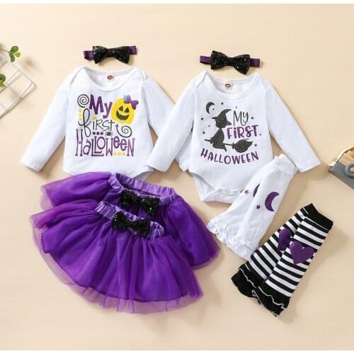 My 1st Halloween Newborn Baby Girl Long Sleeve Cotton Bodysuit Tops Tutu Skirt Headband Leg Warmer 4PCS Holiday Clothes Set