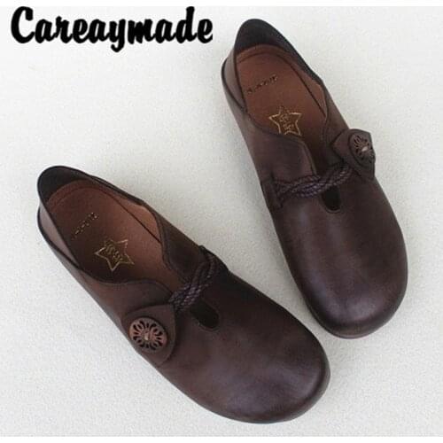Careaymade-New All-leather Flat-soled Ethnic Style Womens Shoes, Spring and Summer Soft Leather pure Handmade Round Head shoes