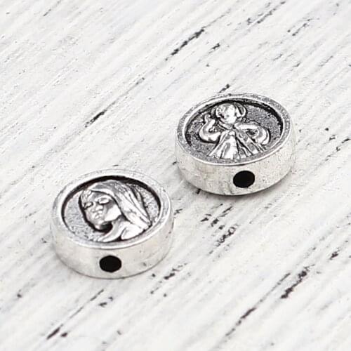 DoreenBeads 100PCs DIY Religious Spacer Beads For Jewelry Making Flat Round Antique Silver Color Virgin Mary About 9mm Dia