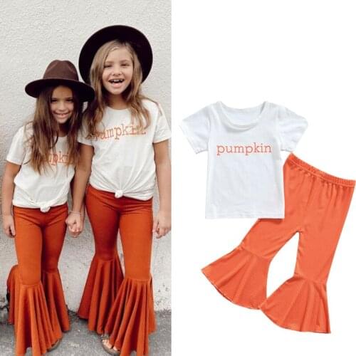 FOCUSNORM 1-5Y Kids Girls Halloween 2pcs Clothes Set Letters Printed Short Sleeve T-shirt Orange Solid Flared Pants