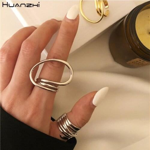 HUANZHI 2020 New Irregular Geometry Distortion Twisted Simple Hollow Gold Silver Color Metal Rings for Women Girls Jewelry