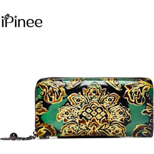 IPinee Genuine Leather Women Clutch Wallet and Female Coin Purse Portomonee Clamp For Phone Bag Card Holder Handy Passport walet