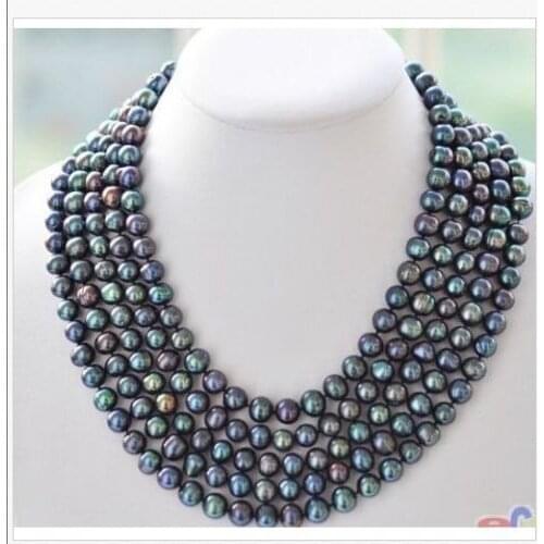 Beautiful NEW 8-9mm natural south seas black green multicolor pearl necklace 60inch Yellow Clasp