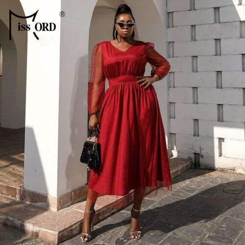 Missord 2021 Summer Women Dress Plus Size Sexy V Neck Gauze Long Sleeve High Waist Solid Color Elegant Ladies Casual Dresses