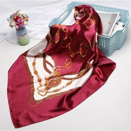 Fashion Shawls Hair Scarf For Women Print Silk Satin Hijab Scarfs Red Black Green 90*90cm Square Neckerchief Scarves For Ladies