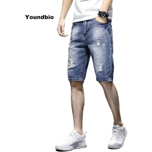 Men Denim Shorts Jeans Brand Bermuda Cotton Shorts Breathable Solid Shorts Mens Destroyed Skinny Hole Casual Shorts Jeans