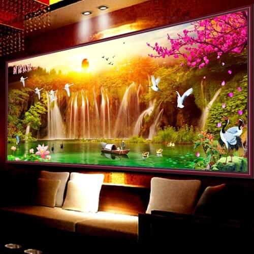 Large size art DIY diamond painting full diamond embroidery kits,sunset birds lake waterfall plot landscape pattern cross-stitch