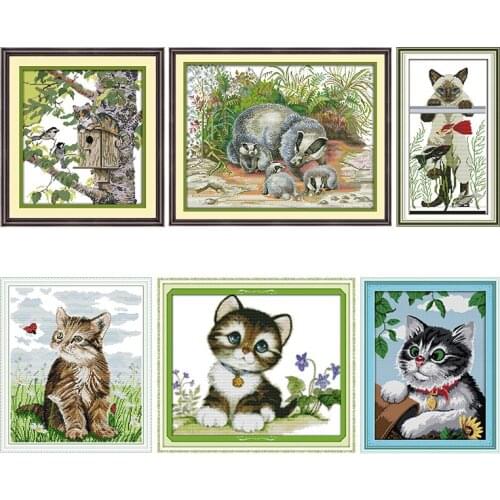 Joy Sunday A Cat Stamped Embroidery Needlework Set Printed 11CT 14CT Counted Flowers Patterns Crafts Home Decor Cross Stitch Kit