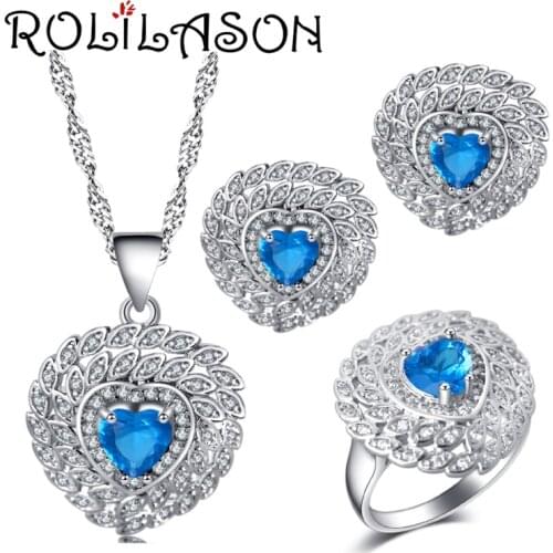 ROLILASON Heart-shaped design light blue zircon Earrings Necklace Rings Jewelry Sets USA size #6#7#8#9#10 JS732