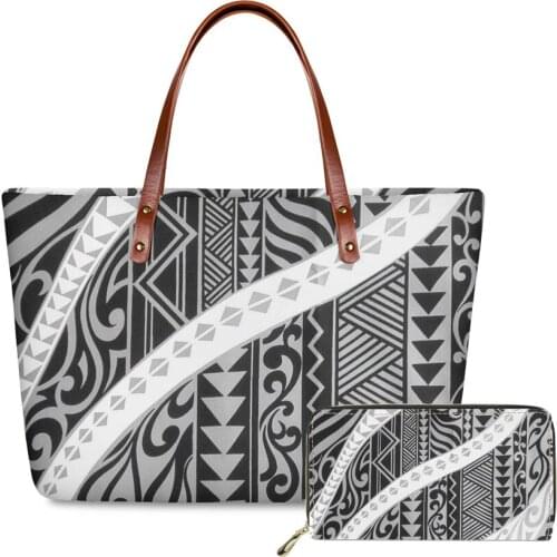 Polynesian tribal style handbags for women Wholesale long leather wallet PU purse ladies tote shoulder bag Hawaiian style custom