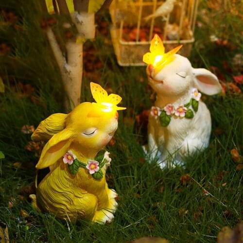 Garden Lawn Accessories Cute Solar Light Rabbit Butterfly Resin Sculpture Outdoor Yard House Balcony Ornaments Crafts Decoration